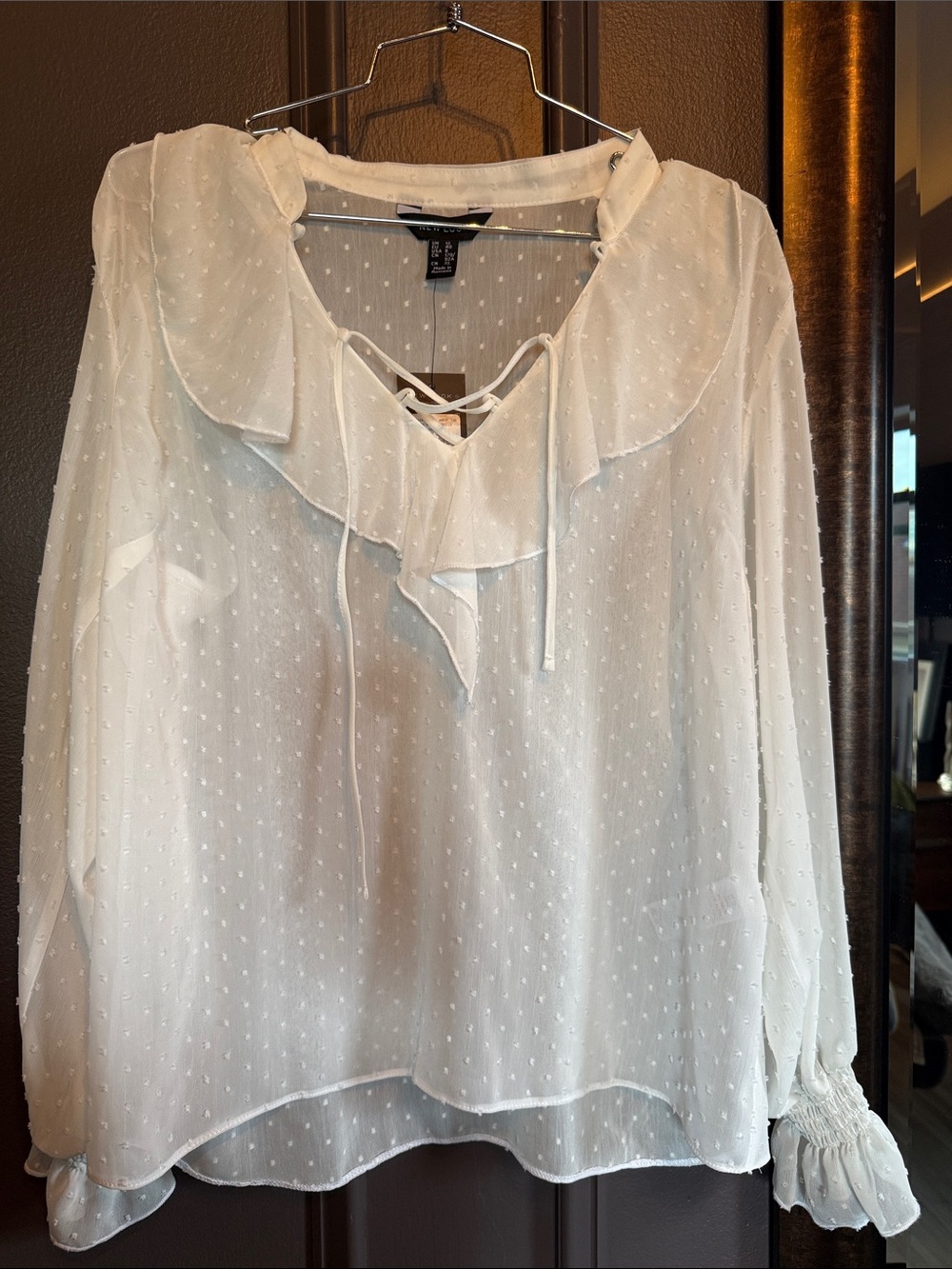New Look Cream Swiss Dot Ruffle Tie-Front Blouse